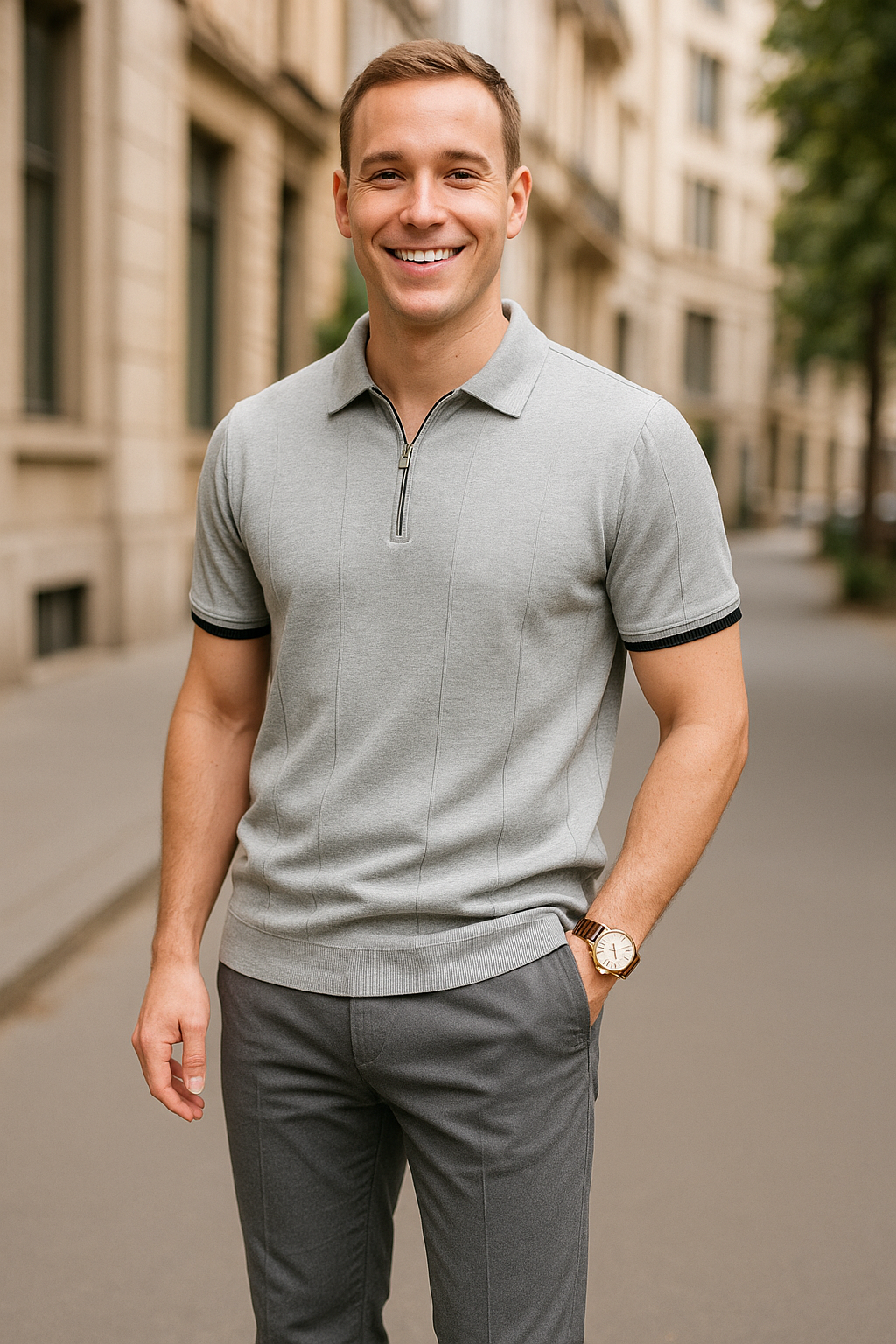 camisa polo cinza
